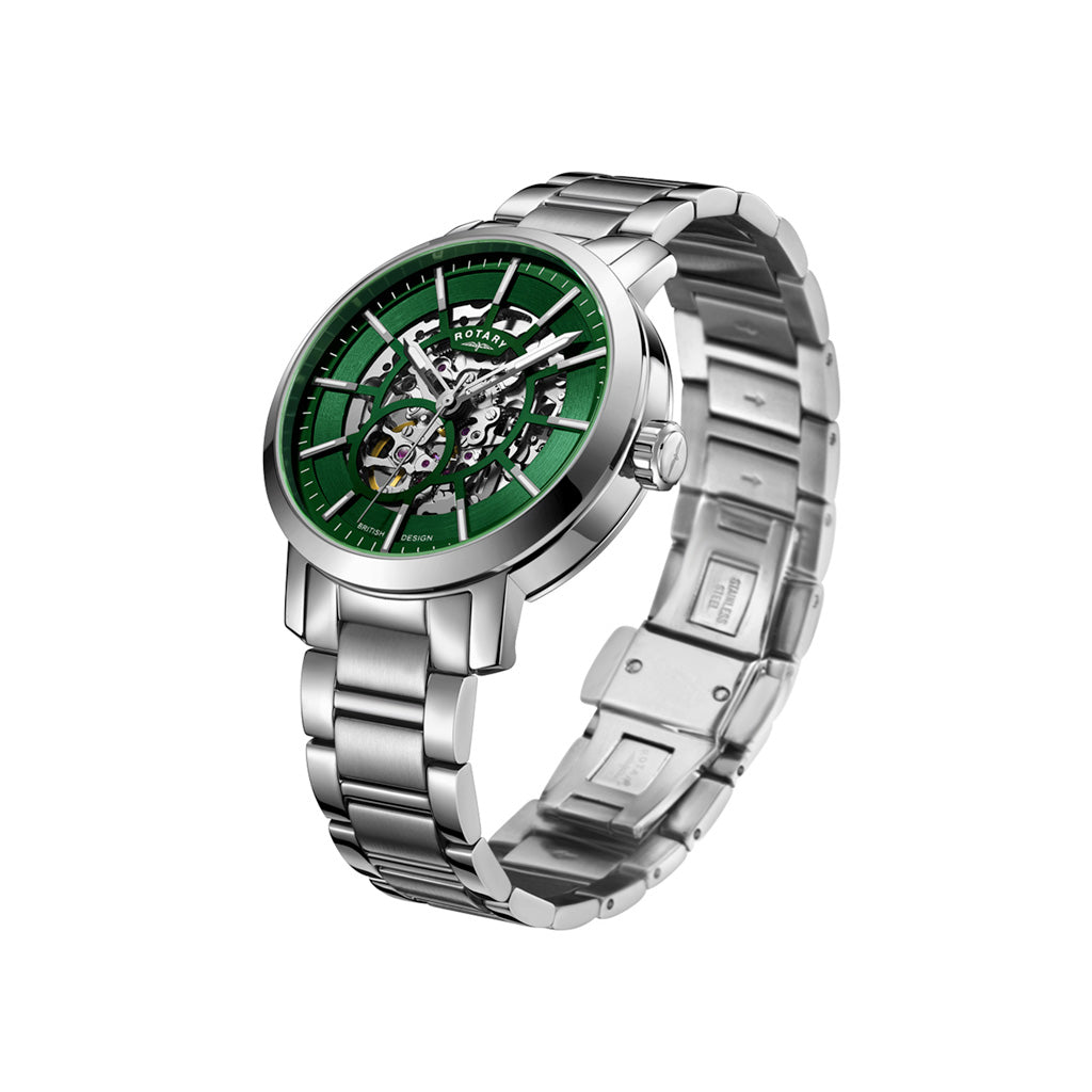 Rotary Greenwich, Green Sunray Skeleton Dial, Stainless Steel Watch