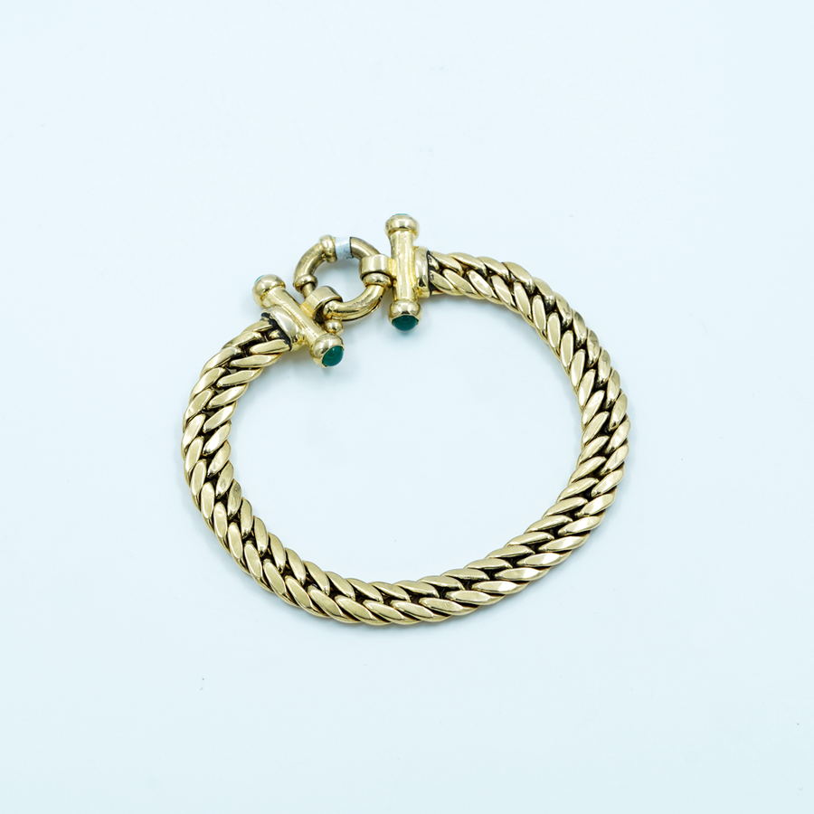 9ct Yellow Gold Close Curb, Green Emerald Buttons, Signoretti Clasp Bracelet
