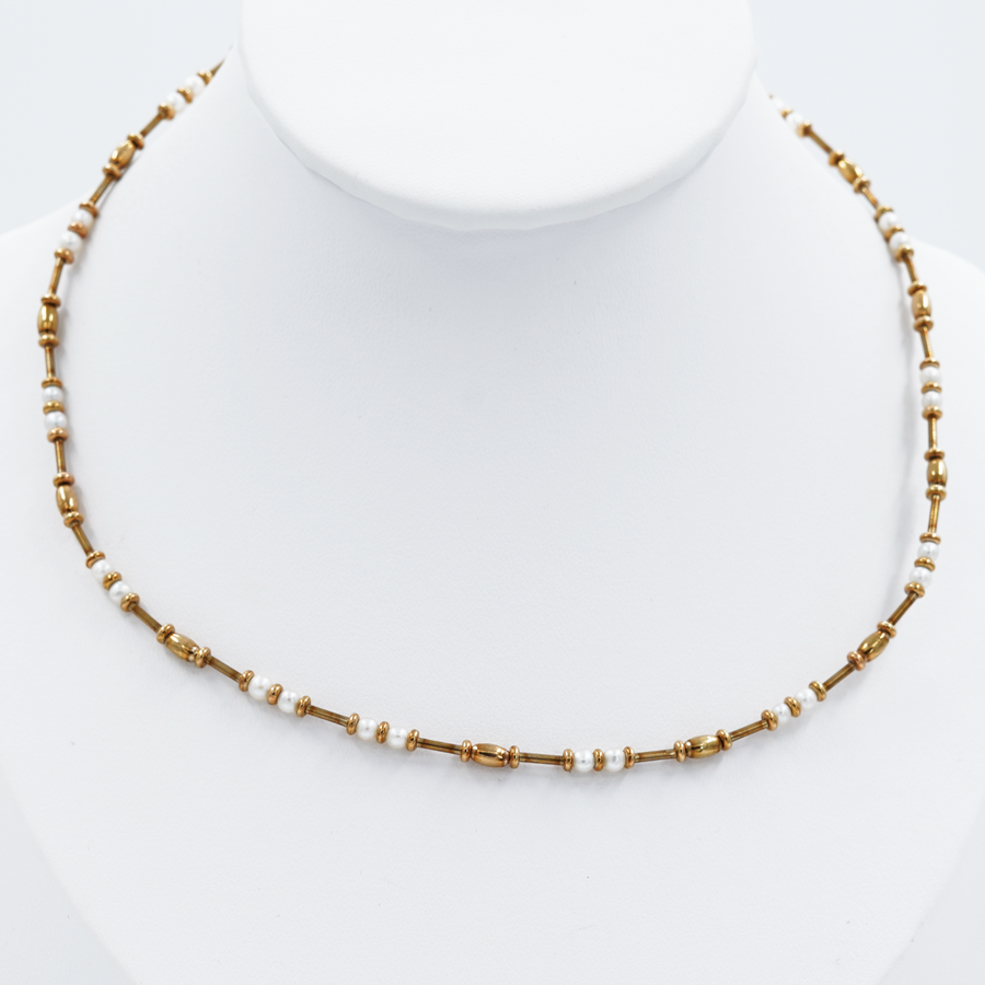 Yellow Gold Bar Necklace With Pearls