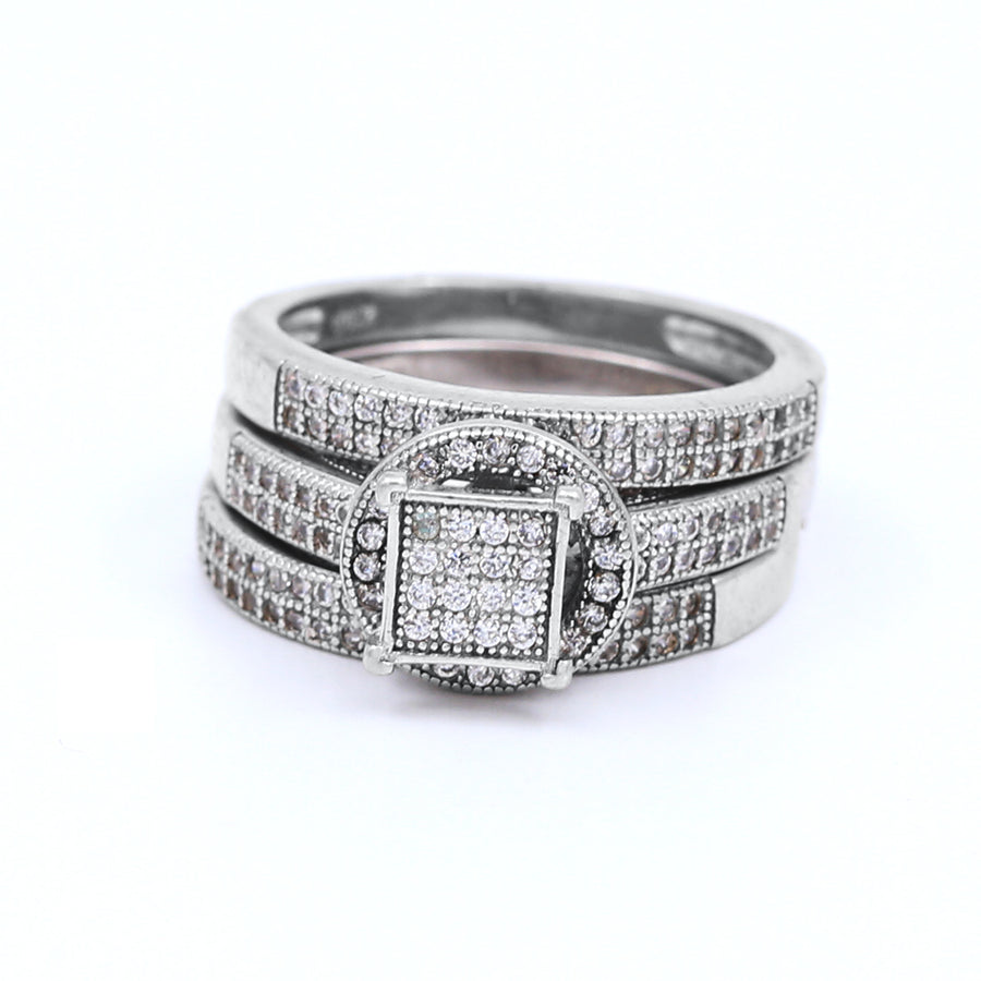 Silver Circle And Square CZ Wedding Set Rings