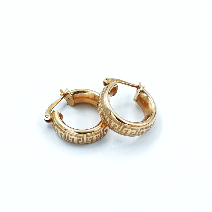 Ladies Yellow Gold Greek Key Design Hoop Earrings