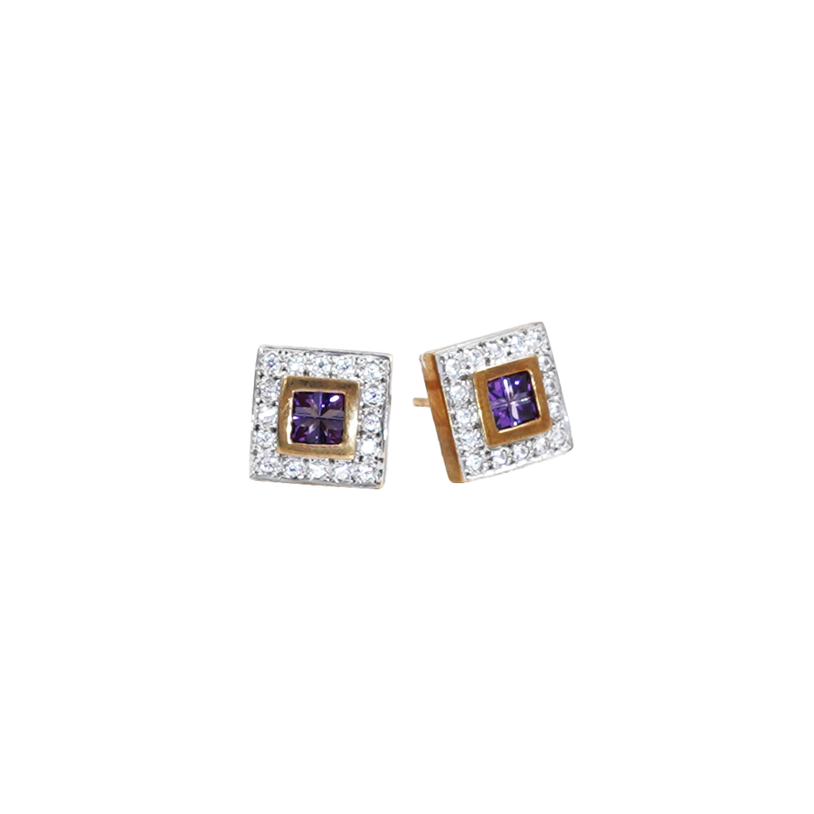 Ladies Yellow Gold Square Amethyst Stud Earrings