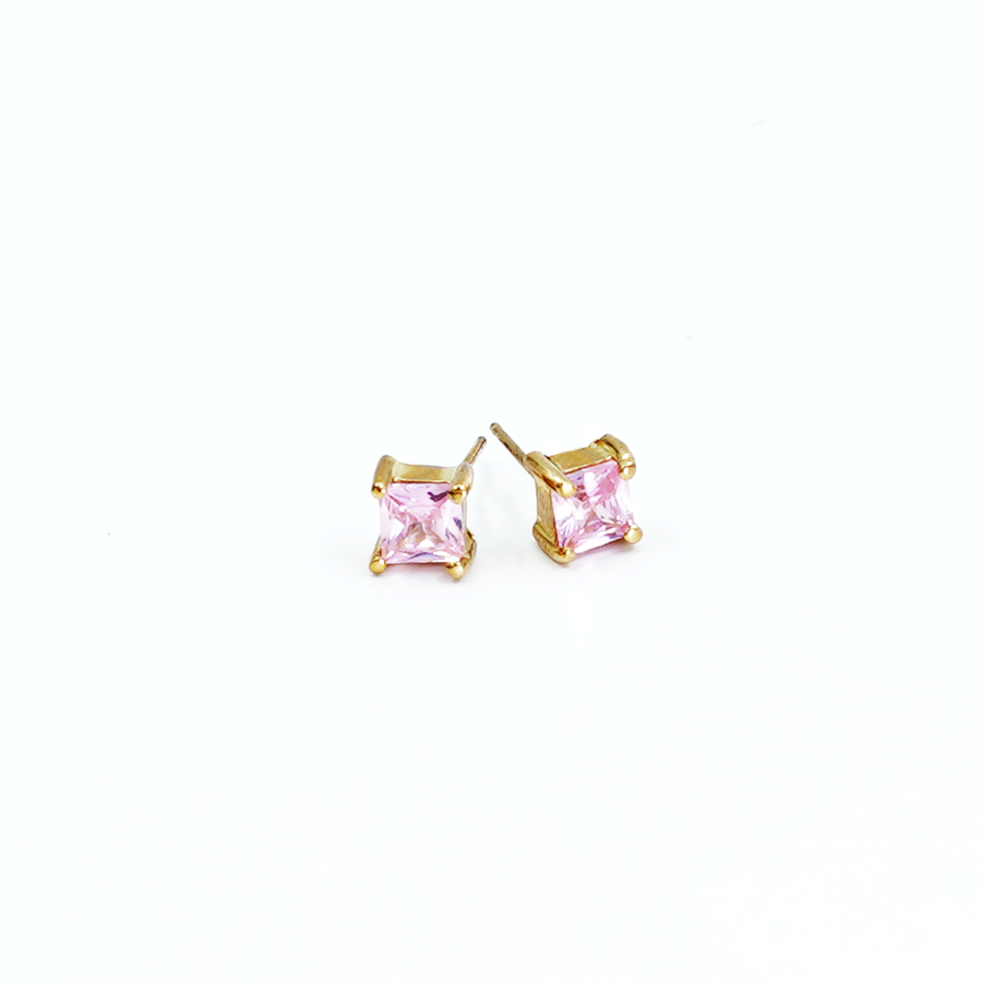 Ladies Yellow Gold Pink Square CZ Earring