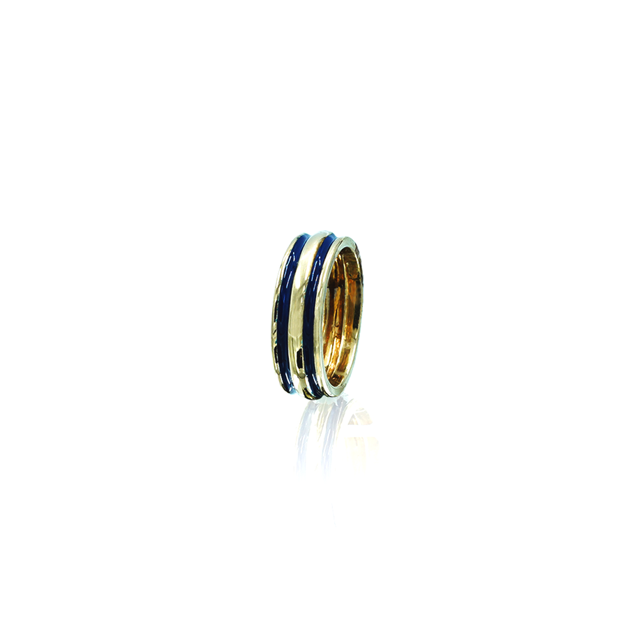 Mens 9ct Yellow Gold, 2x Bands Blue Enamel Inlay Ring