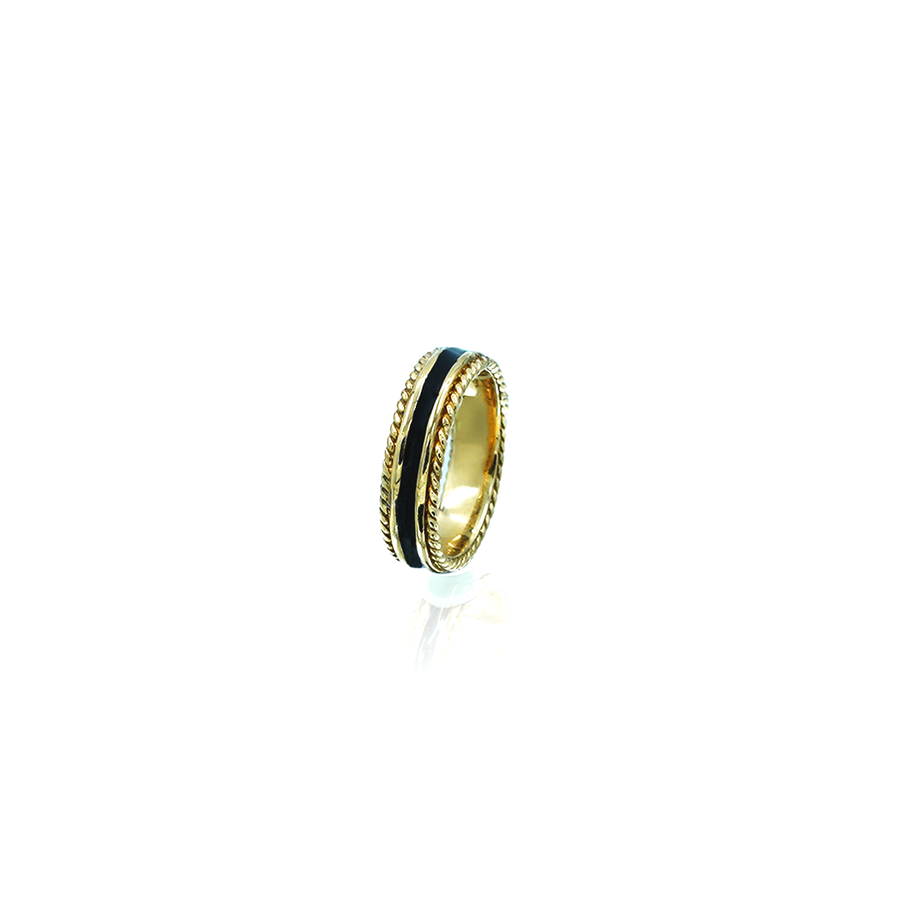 Mens 9ct Yellow Gold, Rope Edges, Black Enamel Inlay Ring