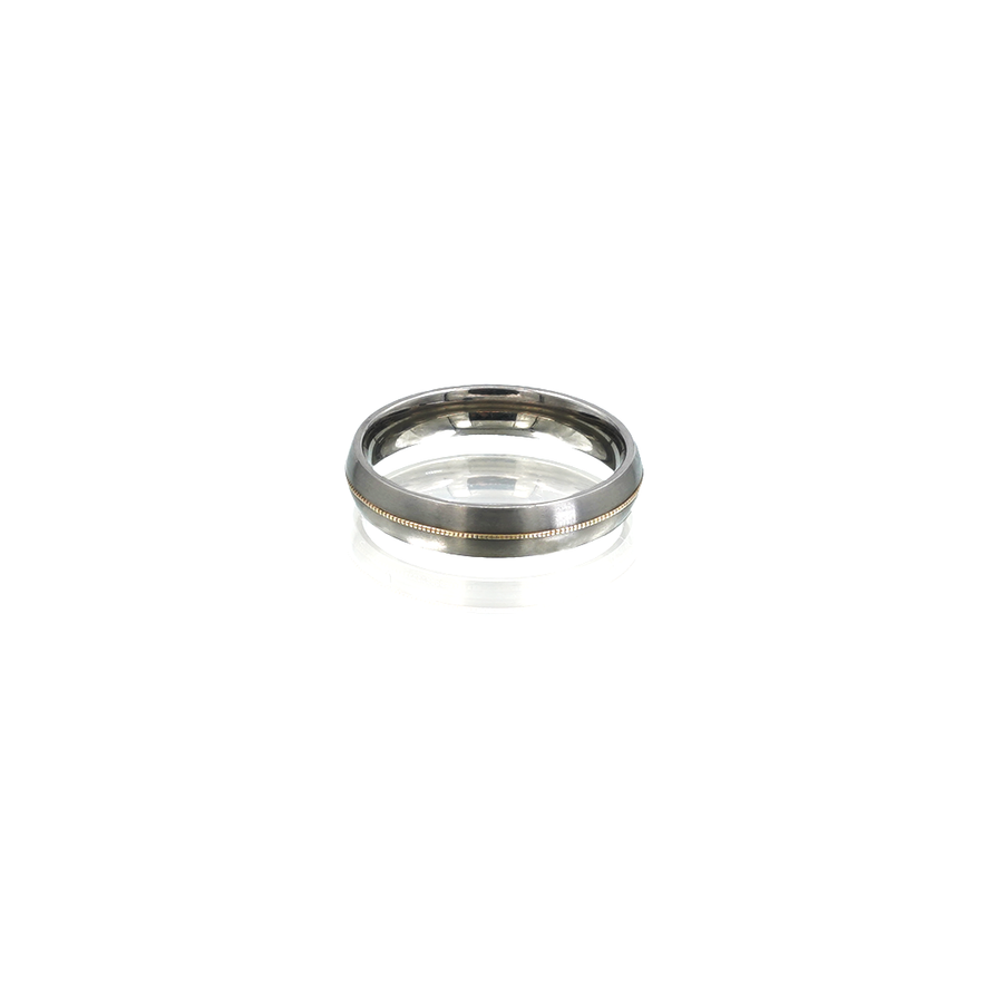 Mens Titanium Matte, Half Round, 14ct Yellow Gold Beaded Row Ring
