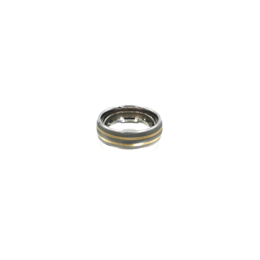 Mens Titanium Matte Finish, 2x 14ct Yellow Gold Strip Ring