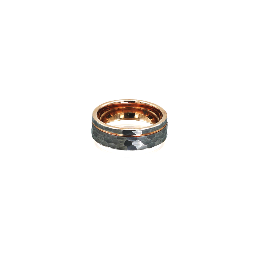 Mens Tungsten And Rose Gold Hammered Ring