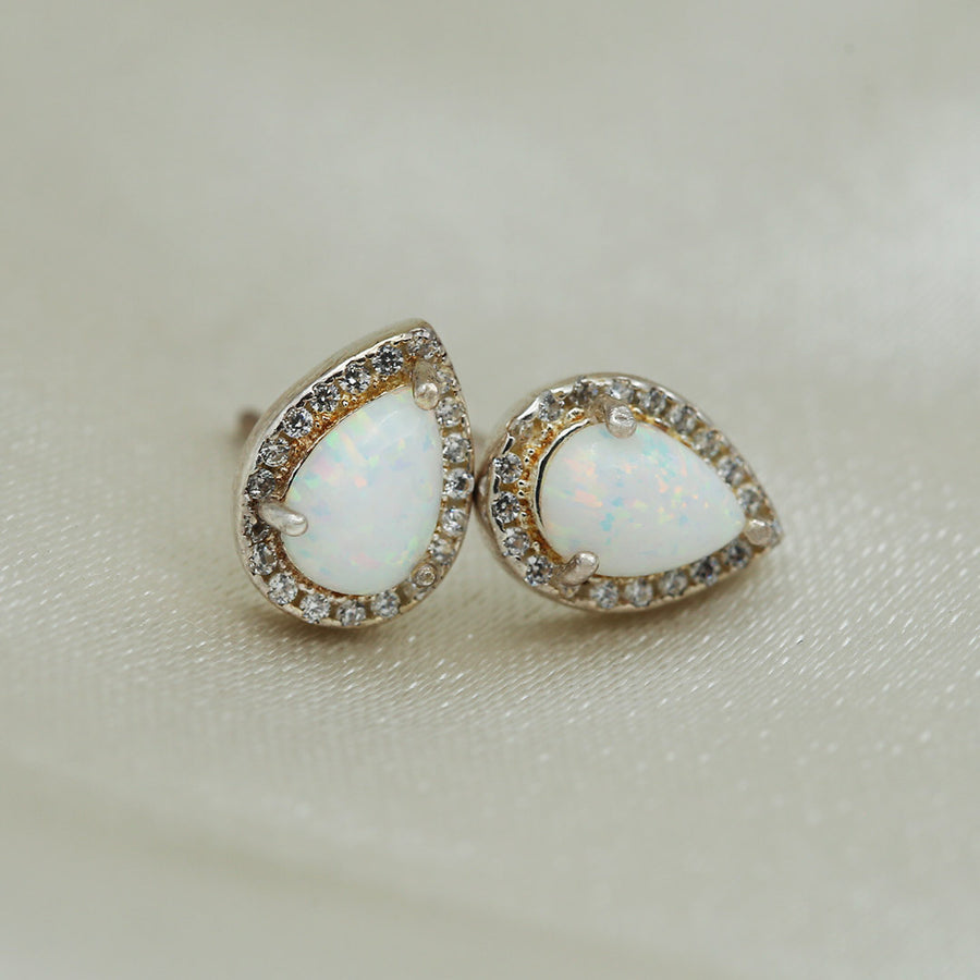 Silver White Opal Pear Basket Earrings