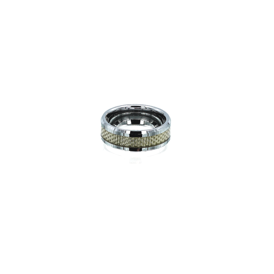 Mens Tungsten, Silver Carbon Fibre Glazed Inlay Ring